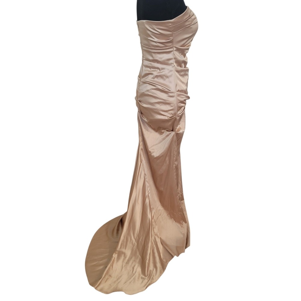 Vintage Y2K Gold Maxi Dress Sz 4 Tube Ruched Strapless Satin Homecoming Cocktail - Picture 8 of 9